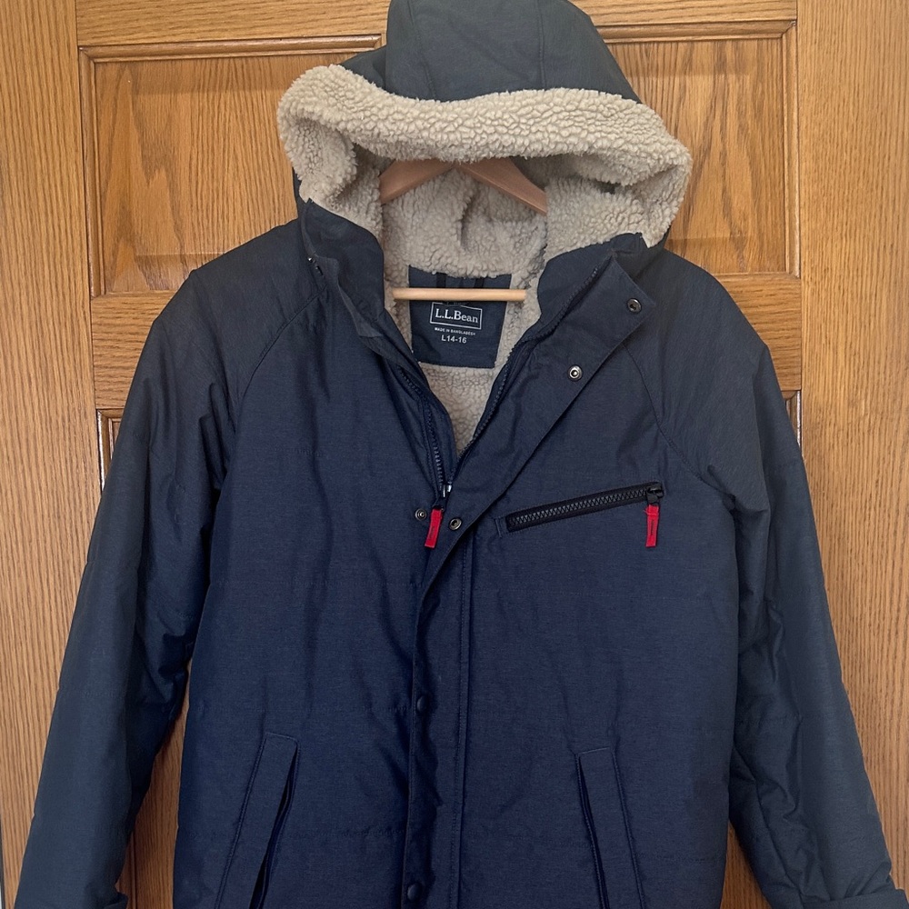L.L. Bean Navy Hooded Puffer with Cream Sherpa Lining